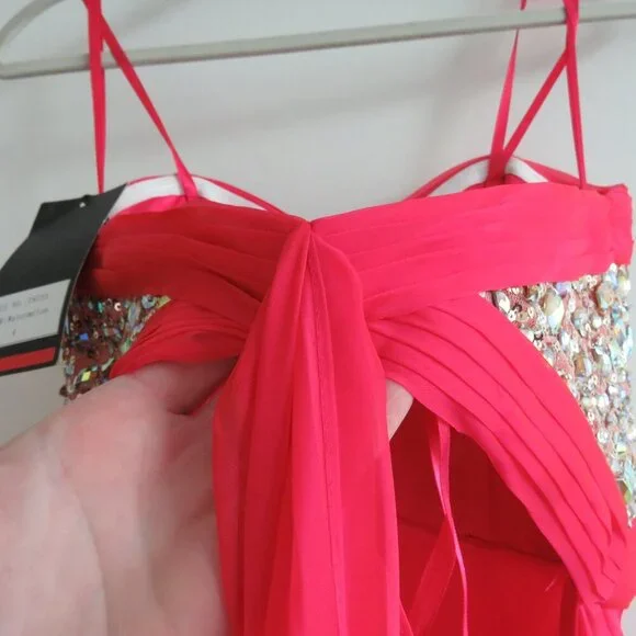 LA FEMME 18733 Beaded Bodice Chiffon Strapless Maxi Prom Dress Watermelon 4 NWT - Picture 13 of 15